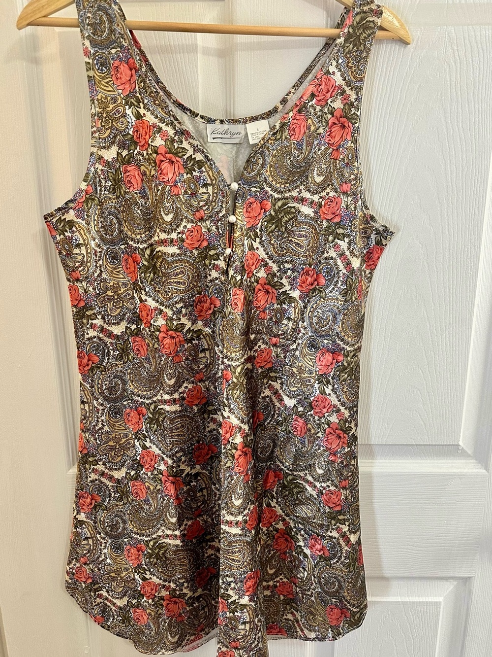 Vintage Floral Paisley Slip Dress — Coral Roses on Olive/Brown Paisley